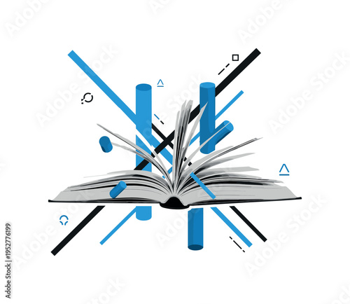 A realistic monochrome book with pages flipping mid-air, combined with blue cylindrical accents and diagonal lines expressing motion and ideas unfolding,