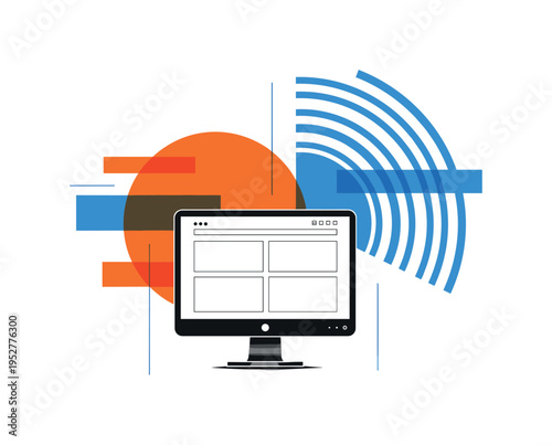 Black and white desktop monitor showing wireframe website layout with visible content placeholders, bright orange semicircle behind the monitor and blue