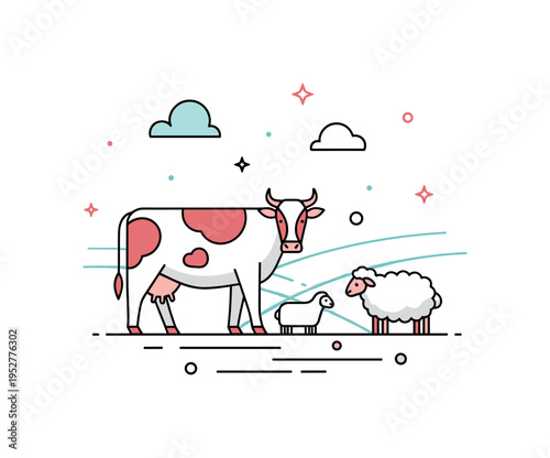 Pasture grazing livestock theme showing a cow and sheep near a subtle rolling hill line, symbolizing open fields and ethical animal husbandry. The compact