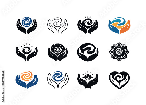 pain management therapy. Icon set. Set Logo of pain management therapy: therapy hands and energy flow. harmonious logo variations of the same emblematic