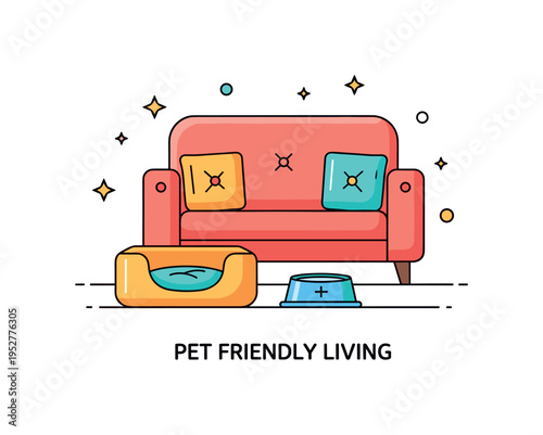 Pet friendly living cozy living room scene with a small dog bed beside a sofa and a water bowl neatly placed nearby, expressing comfort and harmony between