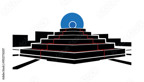 Black and white multi-tier fountain simplified into geometric silhouette, bold blue circle centered behind top tier, thin red linear accents mapping cascading
