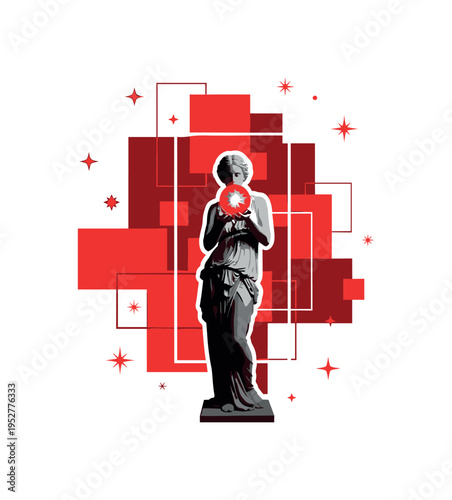 A monochrome myth-inspired female figure holding a symbolic orb, surrounded by red rectangular blocks and minimal abstract star icons representing cosmic