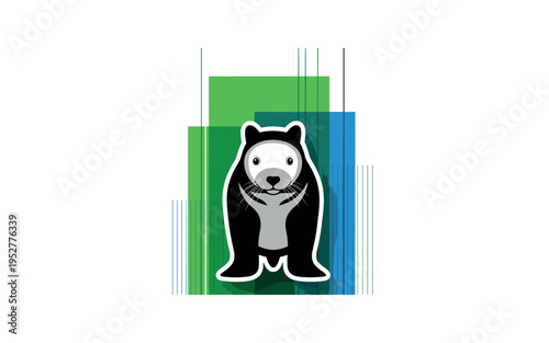 Front-facing black and white endangered mammal silhouette layered with overlapping green and blue flat geometric shapes and thin vertical grid lines, white