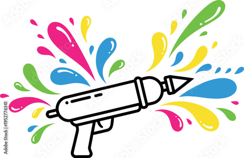 Simple black and white outline icon of a water gun shooting colorful vibrant splashes suitable for summer festival celebrations