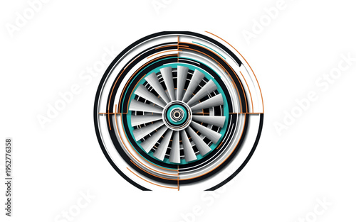 Black and white turbine blades forming a spiral-like motion blur effect, enhanced by concentric geometric circles and thin radiating lines, layered paper