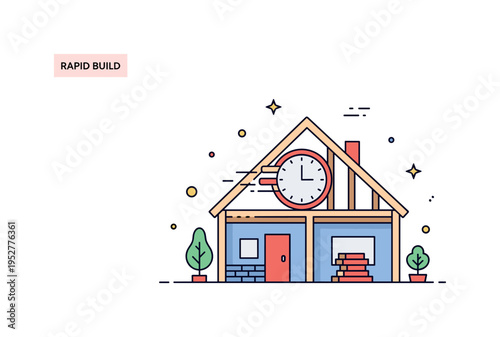 Rapid build technology clock icon integrated into a partially assembled modular house frame, highlighting reduced construction time. A clean visual metaphor