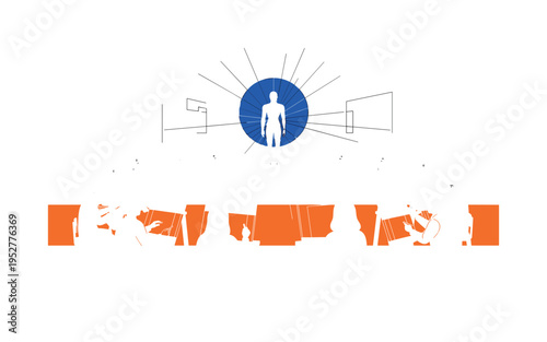 Black and white art classroom scene with multiple easels facing central figure model, bold blue circular halo anchoring the model, orange horizontal bar