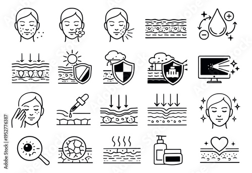 Line art skincare icon set featuring skin conditions, treatments, and protection for beauty and dermatology concepts