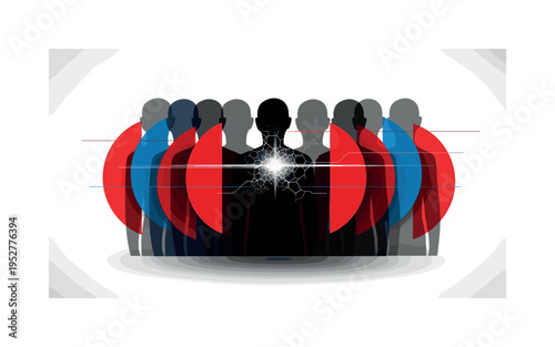 Silhouette-style black shadow figure duplicated in offset layers to create echo effect, surrounded by overlapping red and blue semicircles and fine horizontal