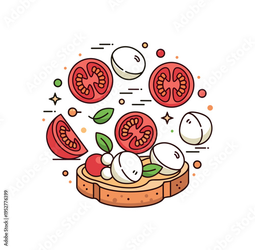 Bruschetta with mozzarella pearls and cherry tomatoes symbolizing light Italian cuisine and shared appetizers. The soft white cheese spheres and glossy tomato