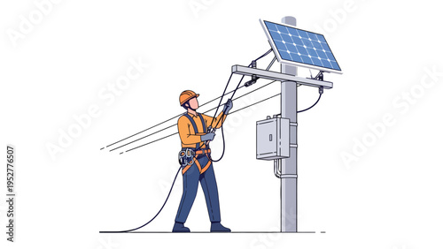 Solar Panel Installer at Work: A skilled professional, helmet and safety harness securely in place, diligently works on a solar panel installation, ensuring sustainable energy.