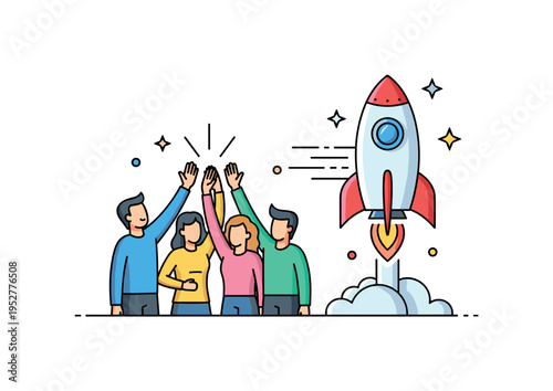 Startup success moment small team high fiving beside a simple rocket icon with subtle sparkle accents, symbolizing rapid progress and innovation. A bold