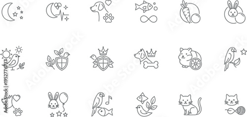 A comprehensive collection of minimal outline pet shop and animal care pixel perfect linear icons featuring various adorable creatures and natural elements for a modern design.