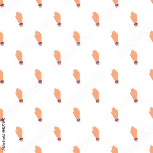 Repeated cartoon hands wearing a purple wrist accessory creating a fun, modern background pattern