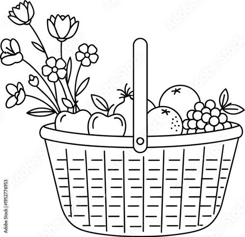 Simple black and white line art drawing of a woven picnic basket overflowing with freshly picked fruits and delicate blooming flowers
