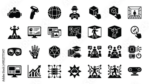 Black Icons Set of Various Technology and Business Symbols on White Background