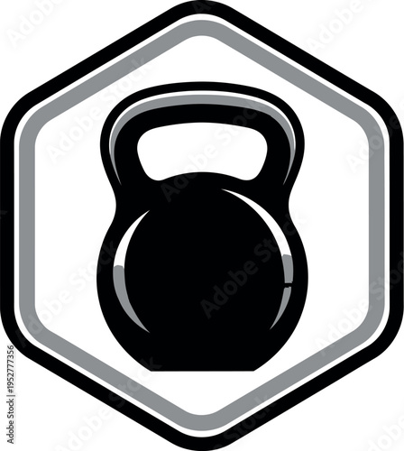 Simple black and white vector logo design featuring a classic kettlebell silhouette enclosed within a modern hexagonal frame element