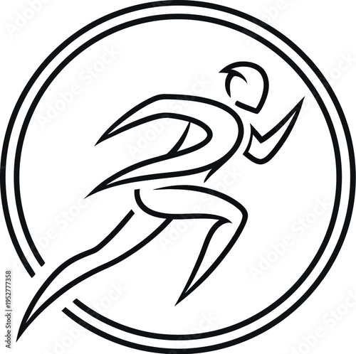 Stylized black line art icon depicting an energetic runner in full stride enclosed within a double circular border design element