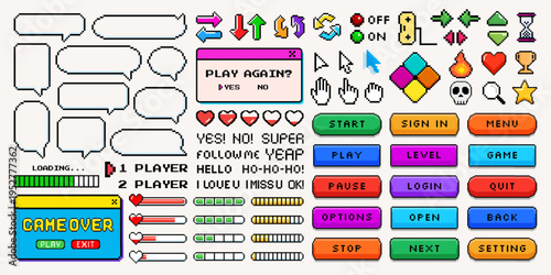 Pixel video game element, speech bubble and dialogue box with comic text for gaming technology. Retro digital gamer console, heart, star, frame and arrow icon for mobile or computer app interface.