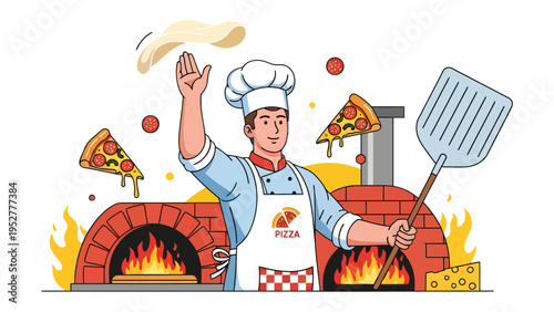 Master Chef's Art: A skilled master chef, pizza and oven, flipping the dough, pizza slice, pizza peel and cheese, capturing the artistry of pizza-making.
