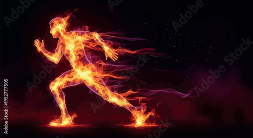 A powerful fiery human figure bursts into action, sprinting with immense energy and determination, creating a vibrant display of speed, strength, and power.