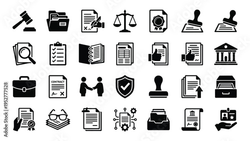 Law Legal Icons Set with Gavel, Documents, and Justice Scale