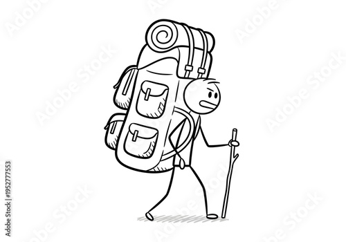 Black and white drawing of a burdened stick figure hiker with a massive backpack