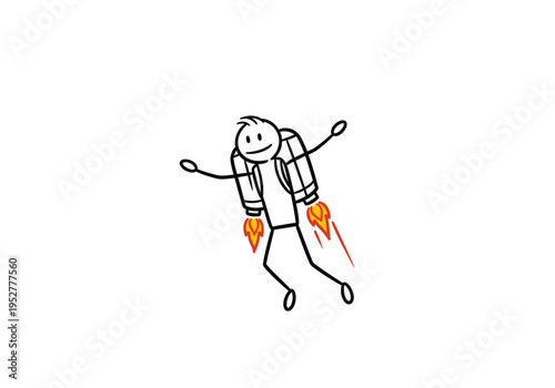A black stick figure flies upward using a backpack rocket with orange flames