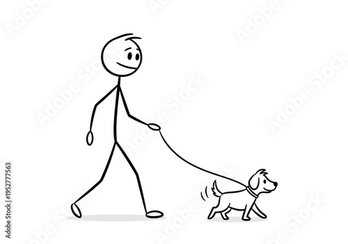 A stick figure walking a dog on a leash