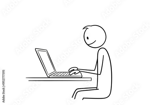 Black and white stick figure drawing of a person typing on a laptop at a desk