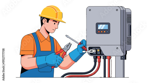 Solar Panel Technician at Work: An electrician meticulously works on a solar panel system, ensuring optimal energy flow. This image highlights the skilled technician's expertise in renewable energy.