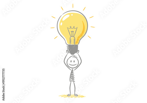 Stick figure holding a large illuminated yellow light bulb overhead