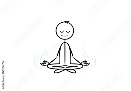 Stick figure meditating in lotus position levitating slightly with light blue energy rings