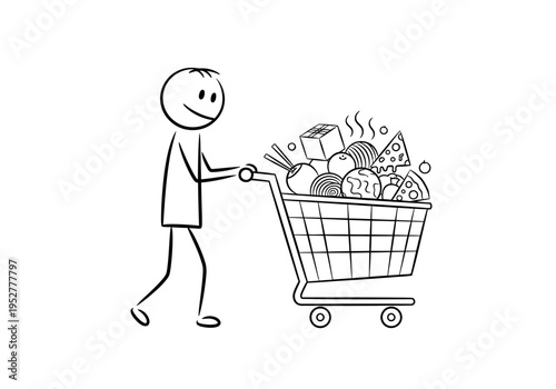 Stick figure pushing an overflowing grocery cart filled with varied items