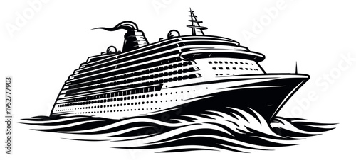 Bold line art illustration of a cruise ship depicting sailing on the ocean for travel and vacation