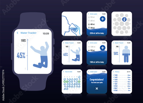 Healthy Lifestyle Water Tracker Smartwatch App UI No.38