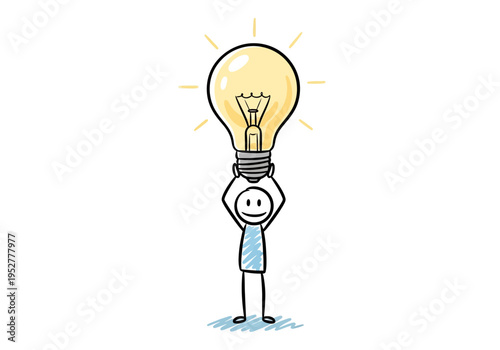 Stick figure holding a large glowing incandescent light bulb above its head