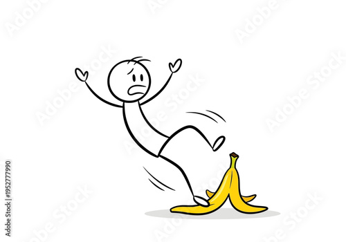 Stick figure slipping on a bright yellow banana peel on a white background