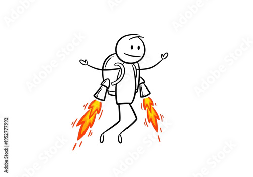 Stick figure using a backpackstyle jetpack with fiery propulsion