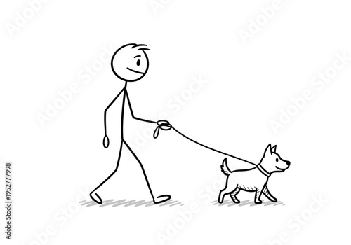 Stick figure walking a small dog on a leash sketched style