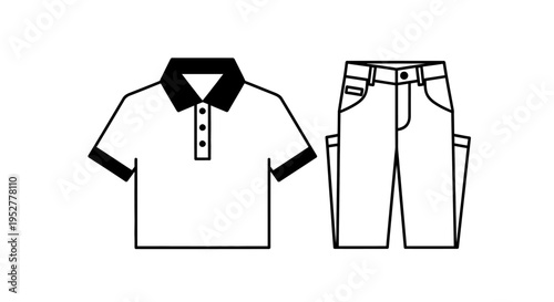 minimalist black and white vector illustration of a mens casual polo shirt and shorts outfit perfect for fashion design.