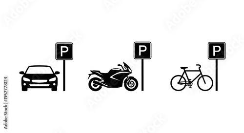 parking signs for car motorcycle and bicycle illustrating designated parking spaces for various vehicles in urban areas.