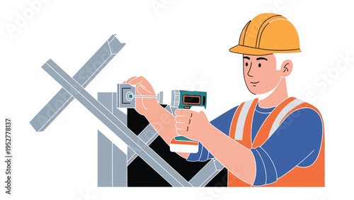Construction Worker: An illustration of a skilled construction worker meticulously assembling metal framework with focused precision and dedication.