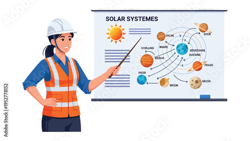 Solar System Educator: A female instructor, dressed in work attire, guides her audience through the wonders of our solar system using an illustrated educational display.