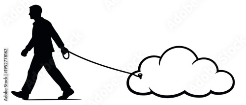 Conceptual illustration of a man depicting walking and pulling a blank cloud on a leash for creative idea generation