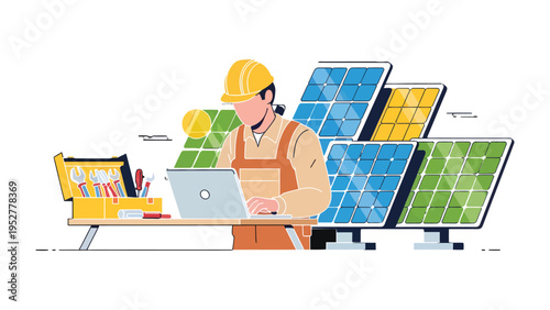Solar Technician at Work: A technician, focused on their task, utilizes a laptop amidst a field of solar panels, with a toolbox close by.