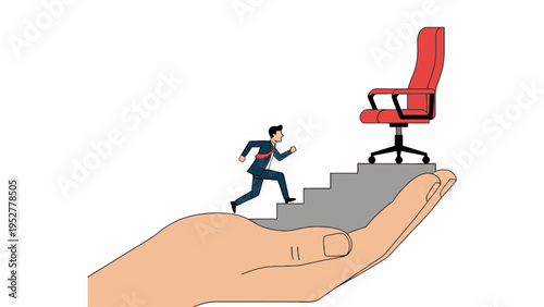 Businessman running up stairs to executive chair on giant hand