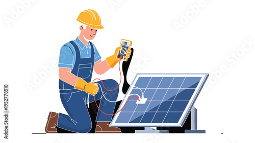 Solar Panel Technician at Work: An electrician meticulously inspects a solar panel, showcasing expertise and dedication to harnessing renewable energy.