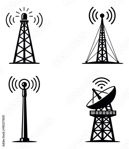Iconic line art communication tower set featuring various signal antennas and a satellite dish for telecommunication